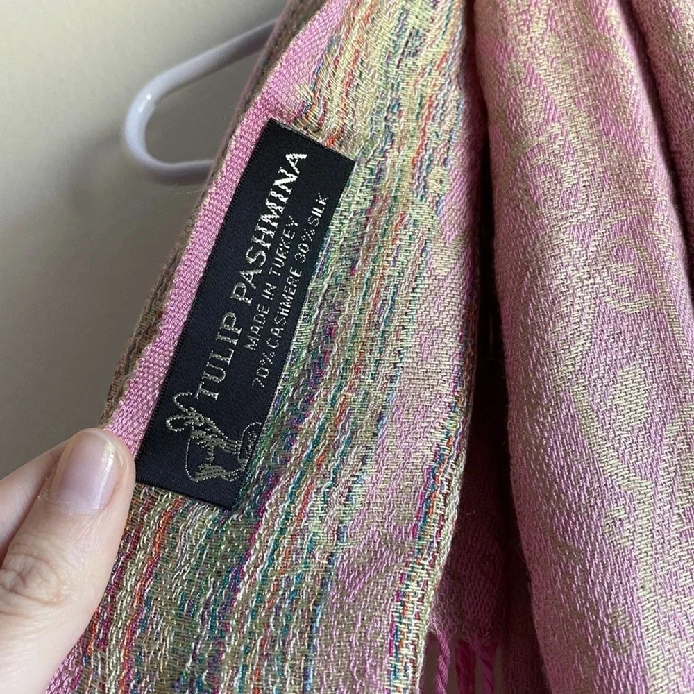 Tulip Pashmina Cashmere Silk Scarf OS Pink Green Womens Handwoven Paisley